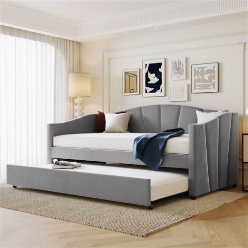 Upholstered Daybed Sofa Bed Twin Size With Trundle Bed and Wood Slat ,Gray Upholstered Daybed Sofa Bed Twin Size With Trundle Bed and Wood Slat ,Gray